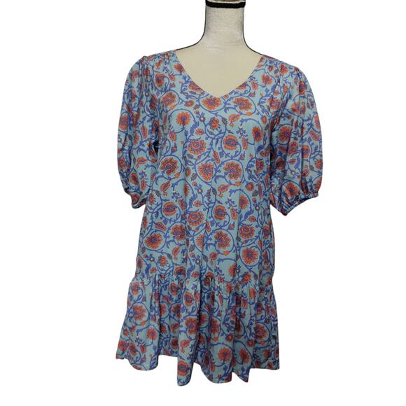 Sundry for Evereve Women's Sz 1 (S) Blue Floral Tiered Puff Sleeve Tunic Dress - Picture 1 of 8